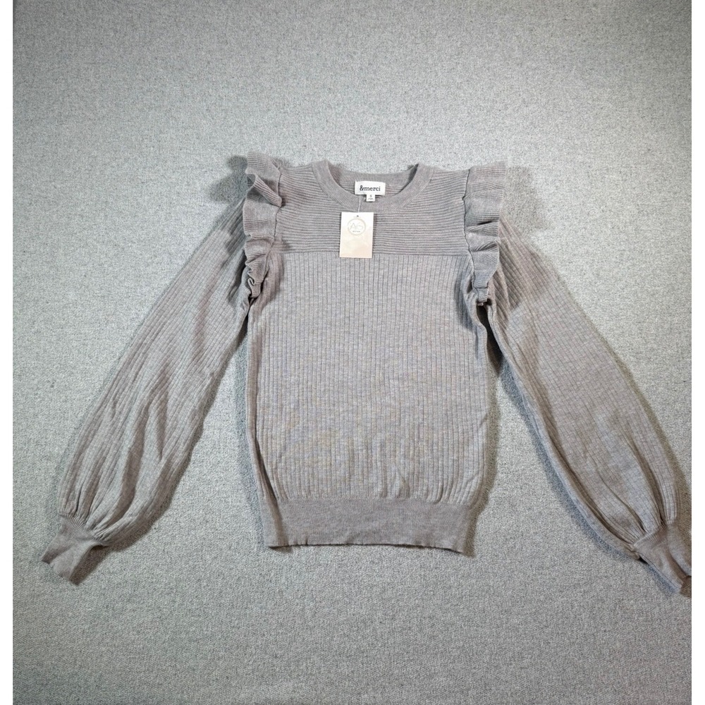 &merci Ruffle Shoulder Balloon Sleeve Ribbed Knit Sweater Heather Grey S NWT